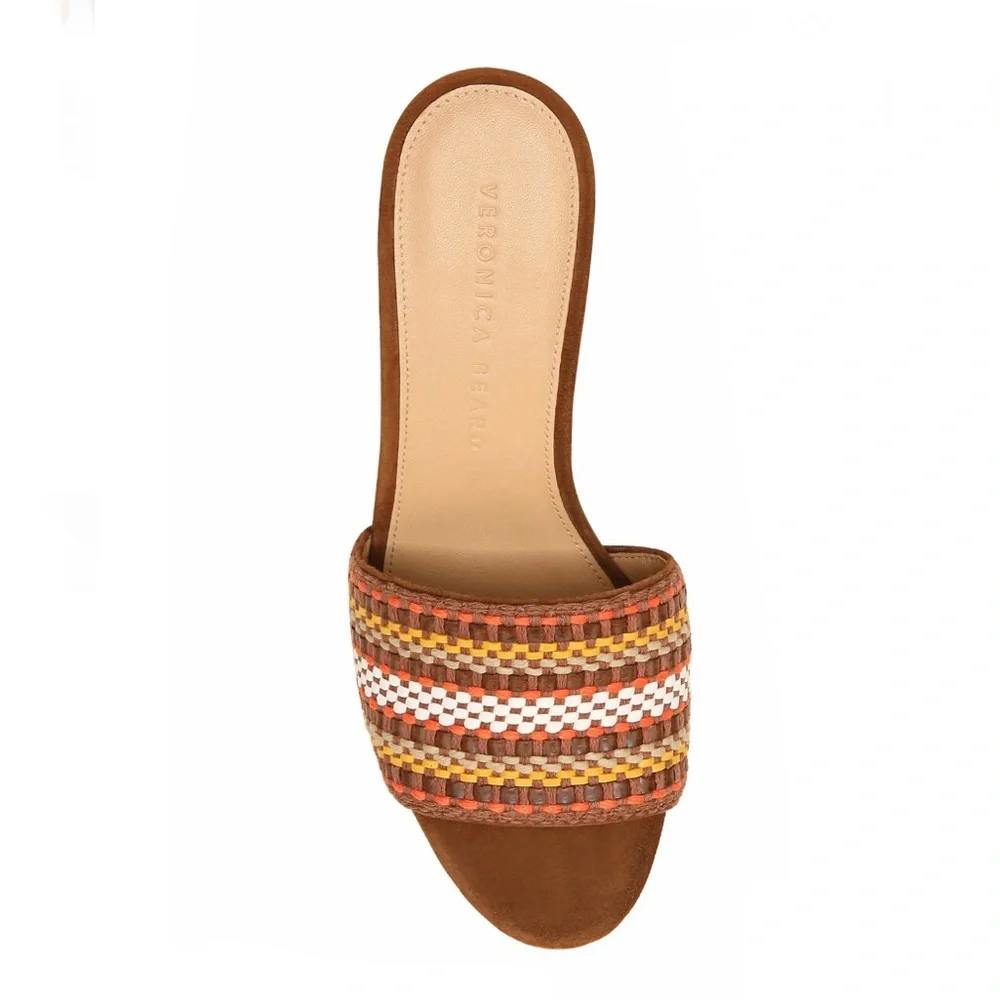 Veronica Beard Dali Multi Woven Raffia Cork Wedge Slide Sandals Brown Tan 9 NIB